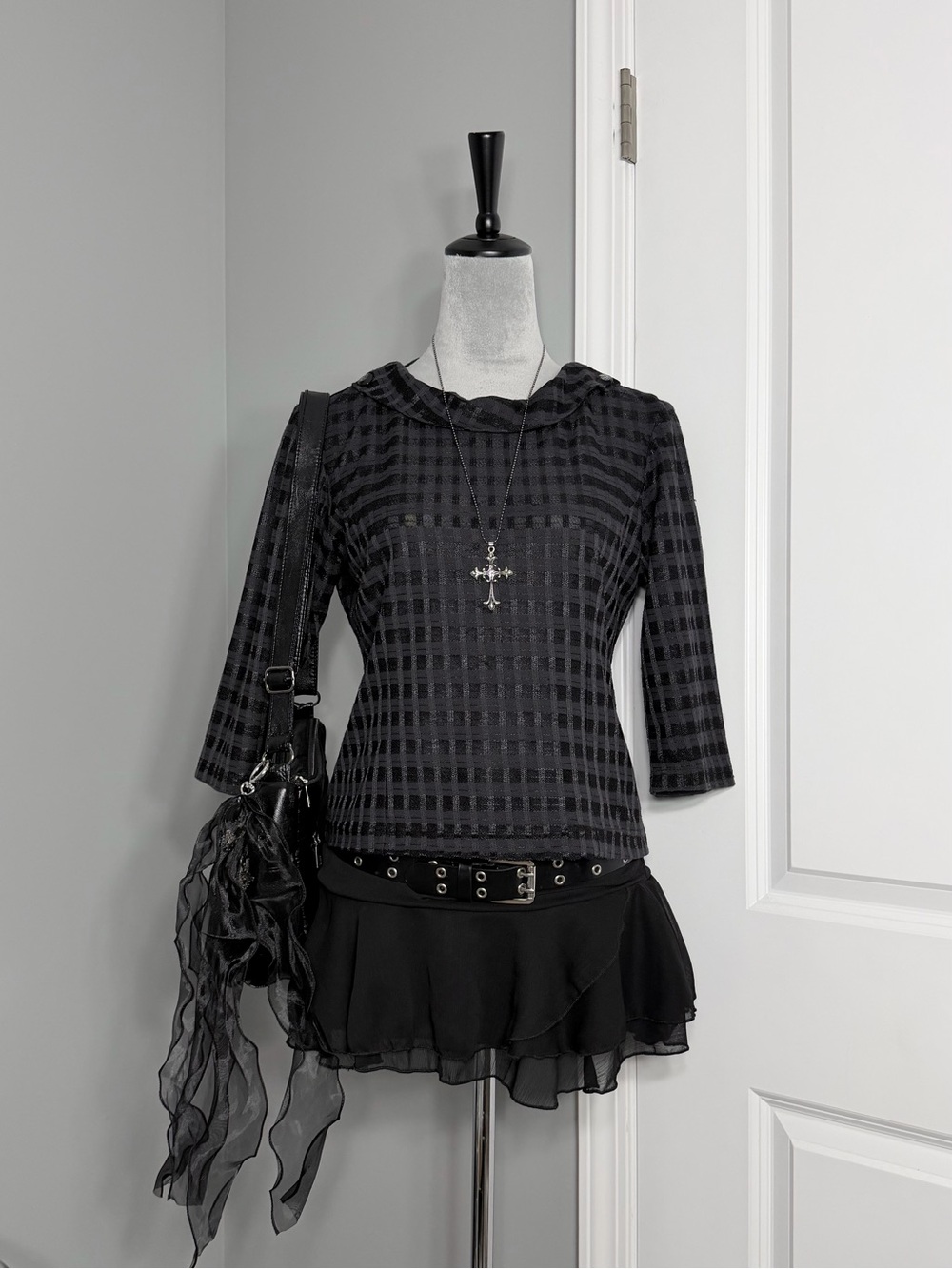 Y2K Gothic Grunge Black & Grey Striped Top w/ Buttoned Fold Over Neckline
